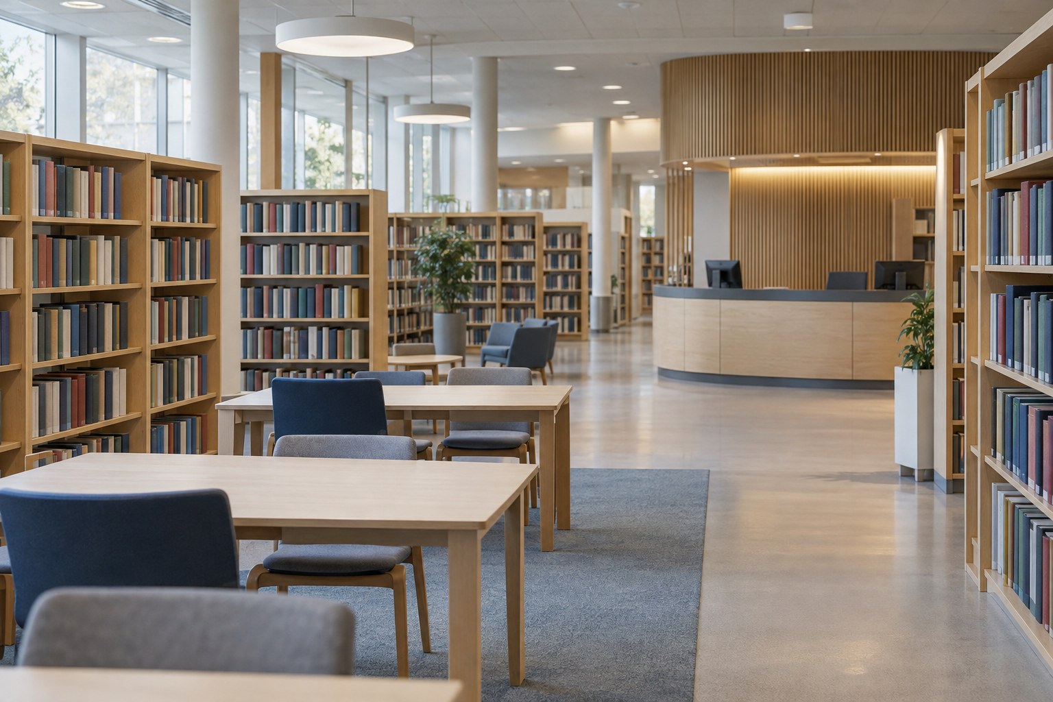 AI-generoitu kuva: Moderni kirjaston sisätila, jossa on täysiä puuhyllyjä, lukupöytiä ja tuoleja sekä tyhjä asiakaspalvelutiski taustalla.