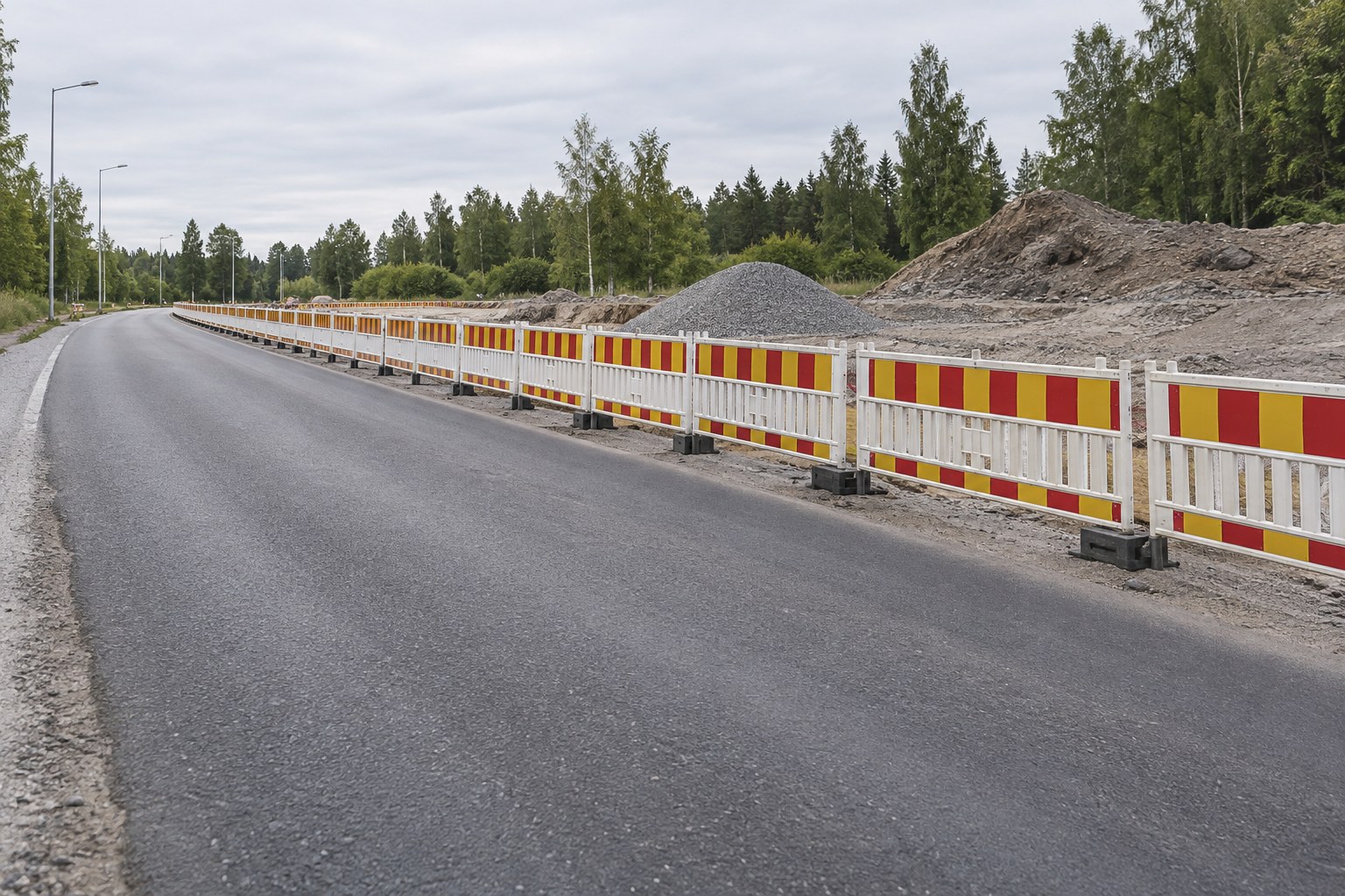 AI-generoitu kuva: Asfalttitie kaartuu vasemmalle, ja sen oikealla puolella on rivi valkoisia, punaisia ja keltaisia työmaa-aitoja.
