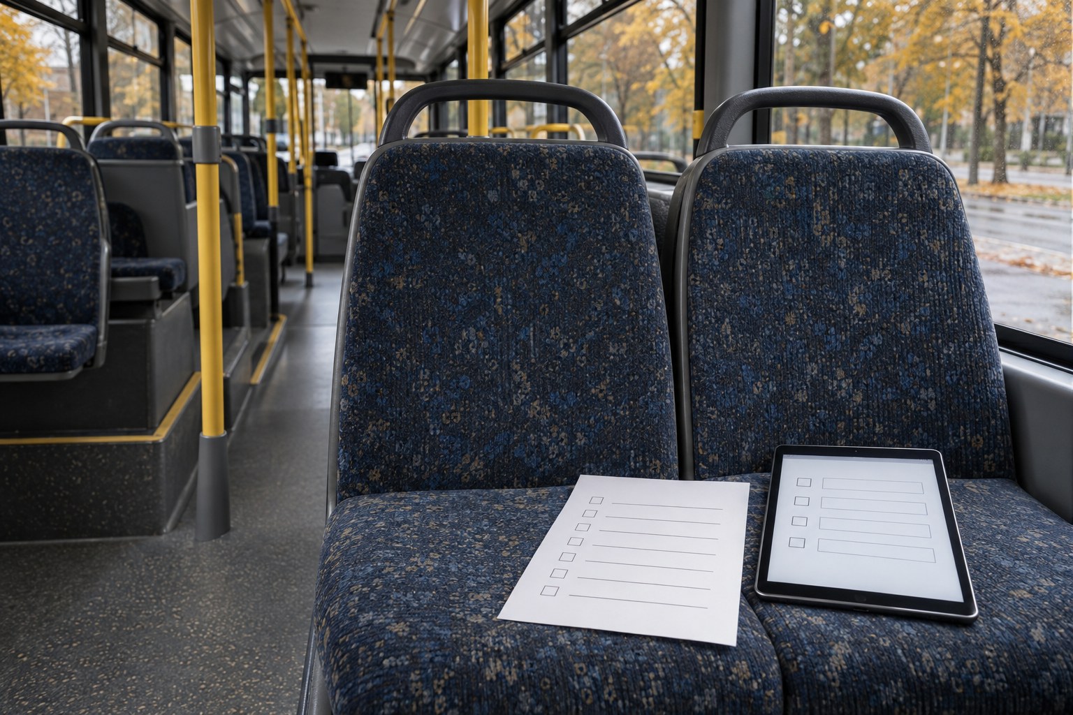 AI-generoitu kuva: Tyhjä paperinen kyselylomake ja tabletti, jossa on lomakenäkymä, ovat linja-auton istuimella, taustalla näkyy bussin sisätila ja ikkunasta syksyinen katunäkymä.