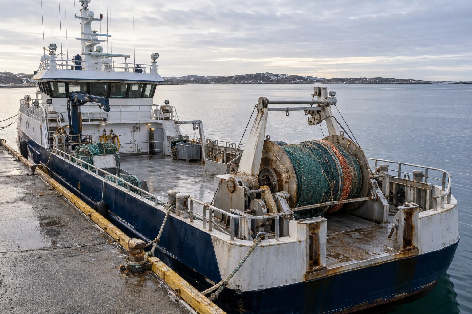 AI-generoitu kuva: Nykyaikainen kaupallinen kalastusalus on kiinnitettynä betonilaituriin, ja sen kannella on suuri verkkokela vihreine ja oranssine kalastusverkkoineen.