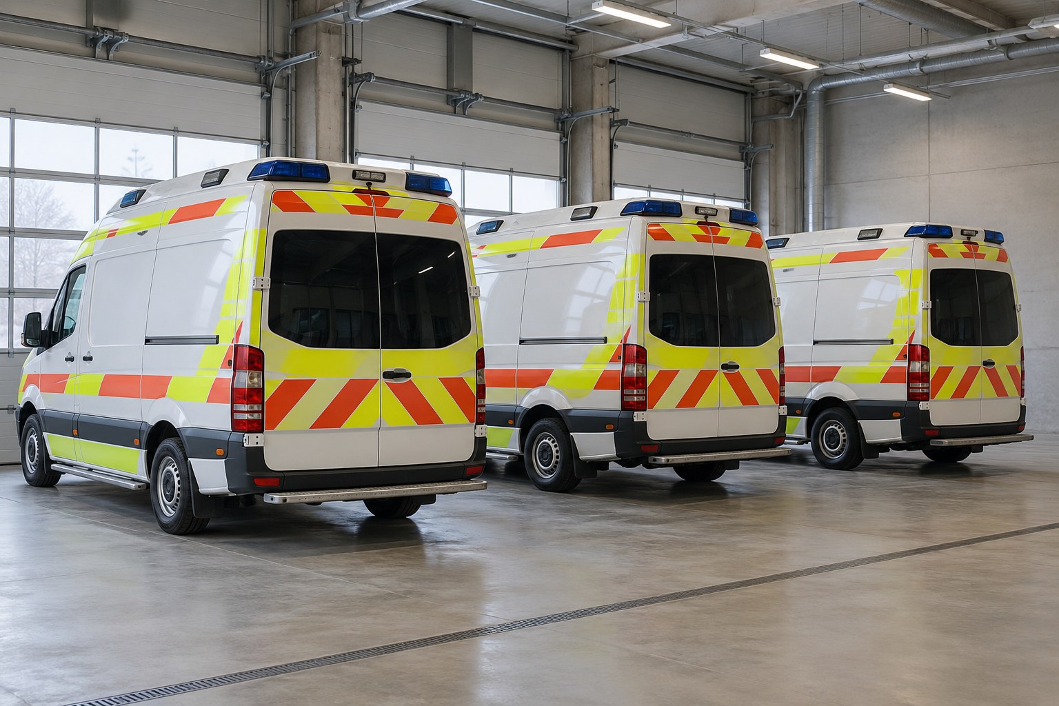 AI-generoitu kuva: Kolme valkoista ambulanssia on pysäköity riviin betonilattialle ajoneuvohallissa, jossa on suuret nosto-ovet ja ikkunat.