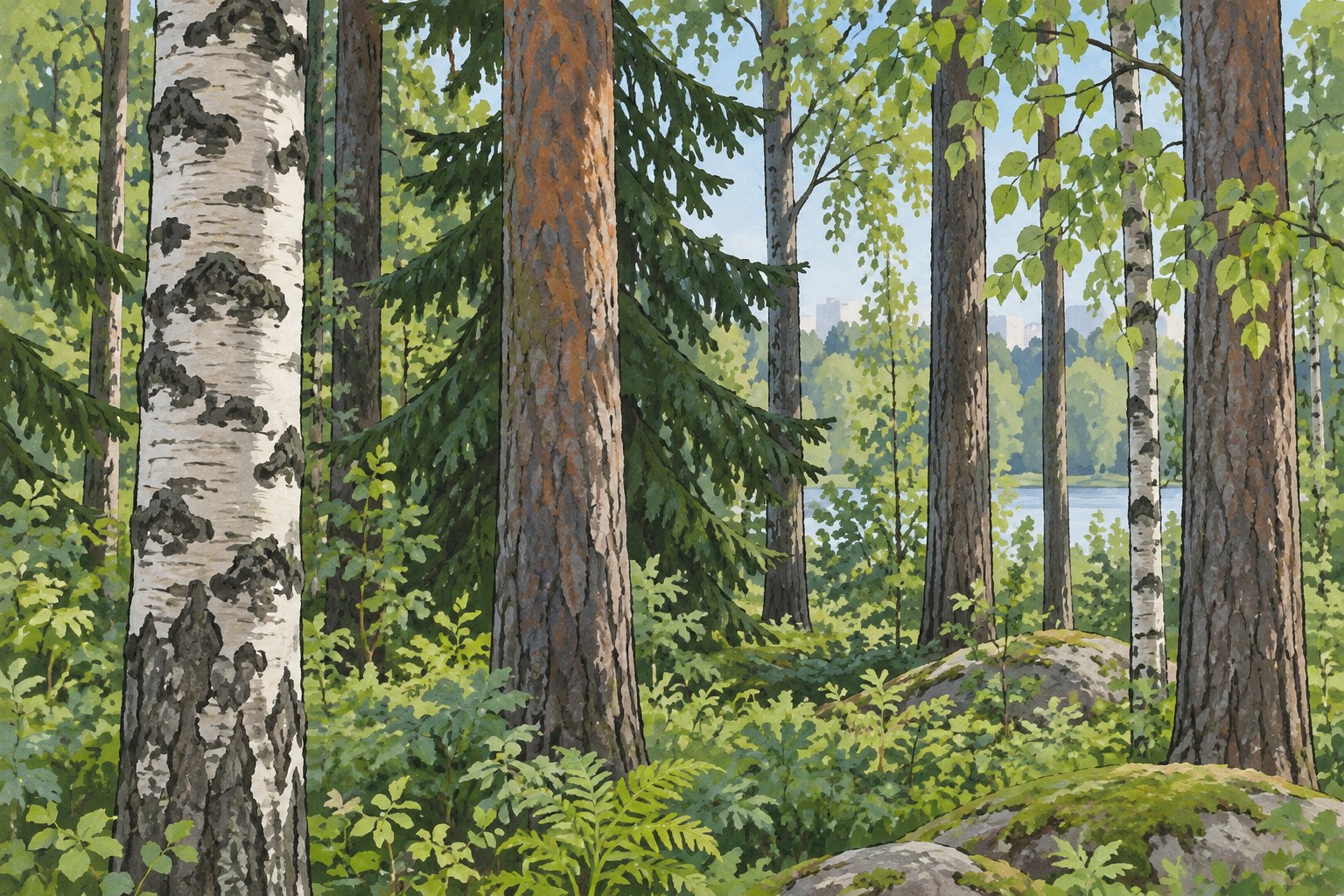 Kuvituskuva: Kuvituksessa näkyy metsämaisema, jossa on koivuja, mäntyjä ja kuusia sekä aluskasvillisuutta, kuten saniaisia ja sammaleisia kiviä, ja taustalla siintää vesistö ja kaupunkimaisema.