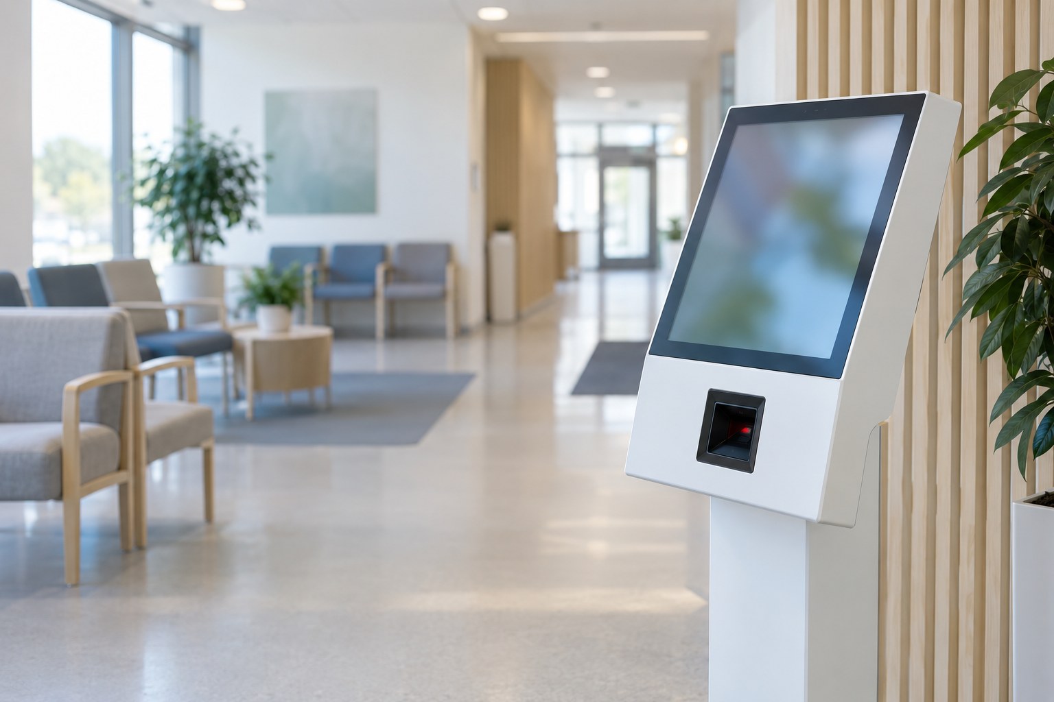 AI-generoitu kuva: Valkoinen itsepalveluautomaatti kosketusnäytöllä ja viivakoodinlukijalla terveydenhuollon odotustilassa.