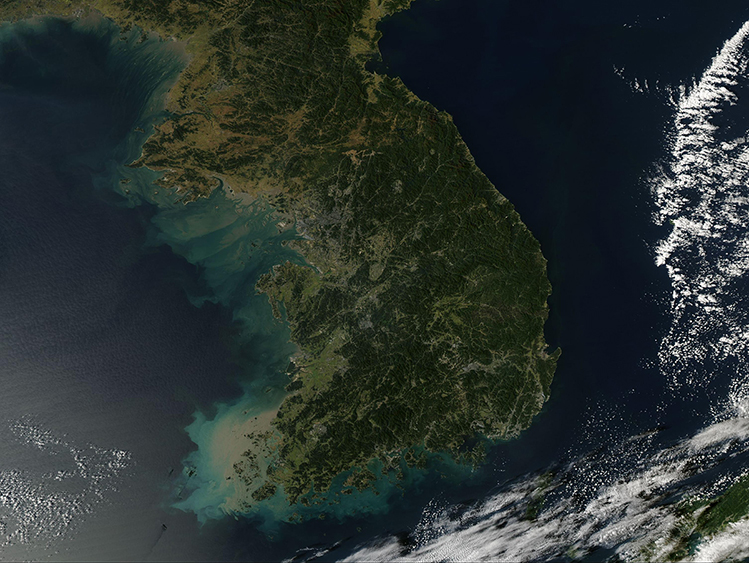 Arkistokuva: Satelliittikuva Korean niemimaan länsirannikosta, jossa näkyy laajoja ruskehtavia ja vihertäviä sedimenttijuovia meressä.
