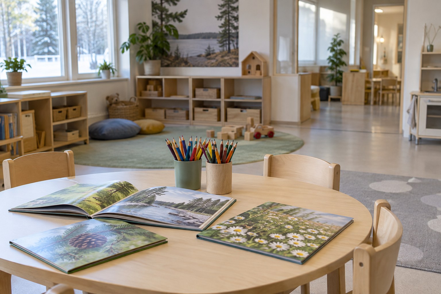AI-generoitu kuva: Valoisa esiopetuksen luokkahuone, jossa on pyöreä puinen pöytä, avoimia kuvakirjoja ja värikyniä.