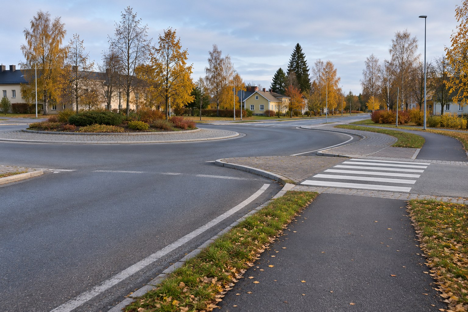 AI-generoitu kuva: Tyhjä katunäkymä pikkukaupungista syksyllä, jossa on liikenneympyrä, suojatie ja pyörätie, sekä rakennuksia ja puita taustalla.