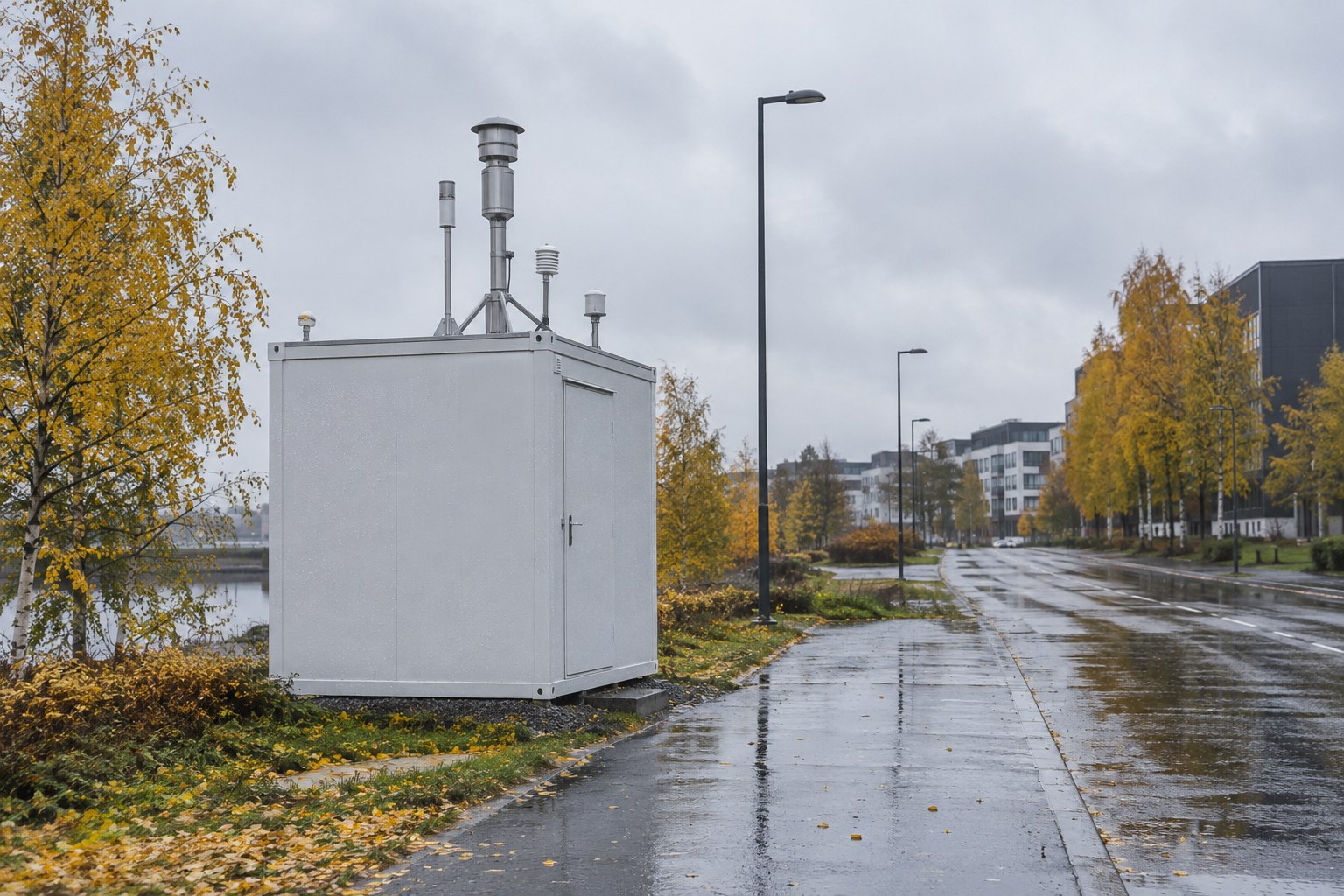 AI-generoitu kuva: Valkoinen laatikkomainen ilmanlaadun mittauskoppi, jonka katolta nousee metallisia näytteenottoputkia, seisoo märän kadun varrella syksyisenä päivänä.