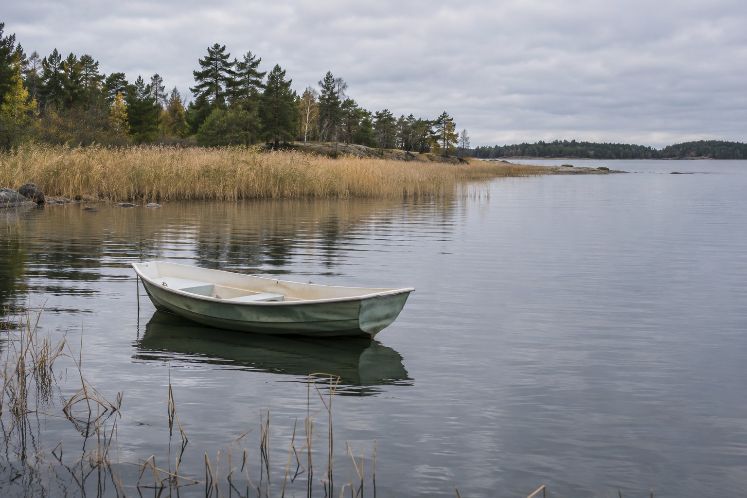 AI-generoitu kuva: Pieni tyhjä vene kelluu tyynellä lahdella, jonka rannalla kasvaa kaislikkoa ja metsää pilvisenä päivänä.