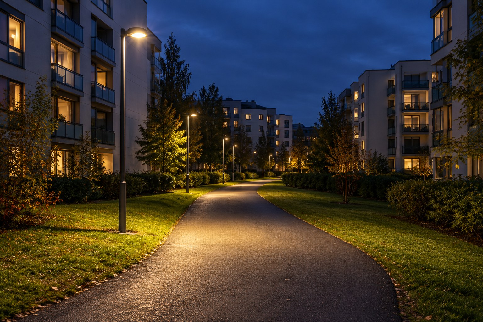 AI-generoitu kuva: Pimeänä iltana katuvalojen valaisema kevyen liikenteen väylä asuinkerrostalojen välissä, valokeilat näkyvät asfaltilla ja nurmikolla.