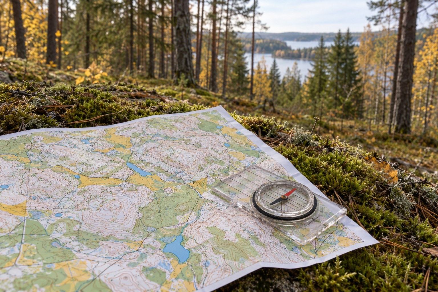 AI-generoitu kuva: Painettu suunnistuskartta, jossa näkyvät korkeuskäyrät ja värilliset maastoalueet, lepää sammaleisella metsämaalla kartta-alustaisen suuntakompassin kanssa.