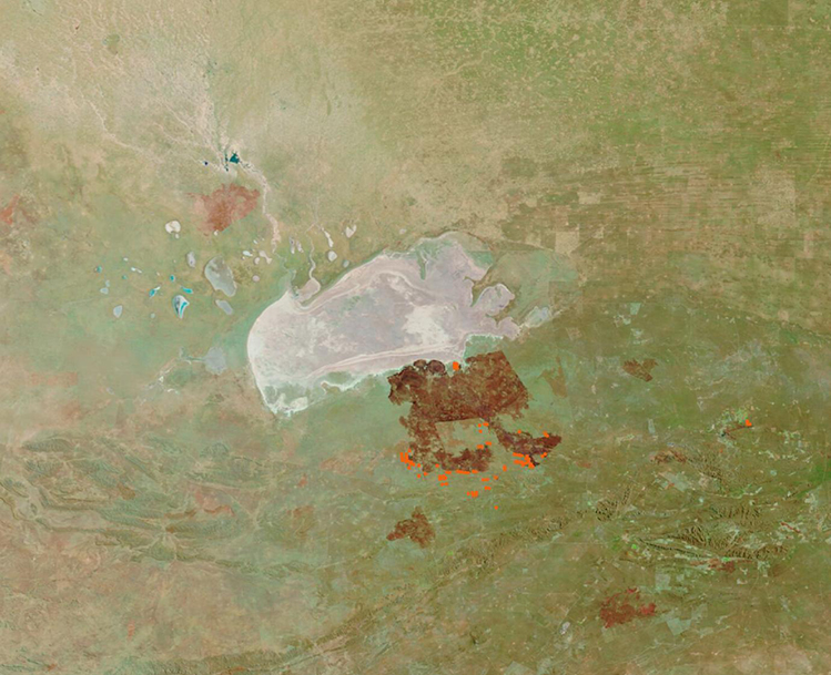 NASA MODIS -satelliittikuva: Burn Scars Near Etosha Pan.