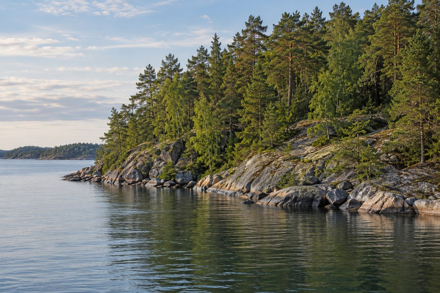 AI-generoitu kuva: Metsäinen saaren ranta, jossa kallio ja kivikko laskeutuvat tyyneen veteen, ja tiheä puusto peittää rinteen.