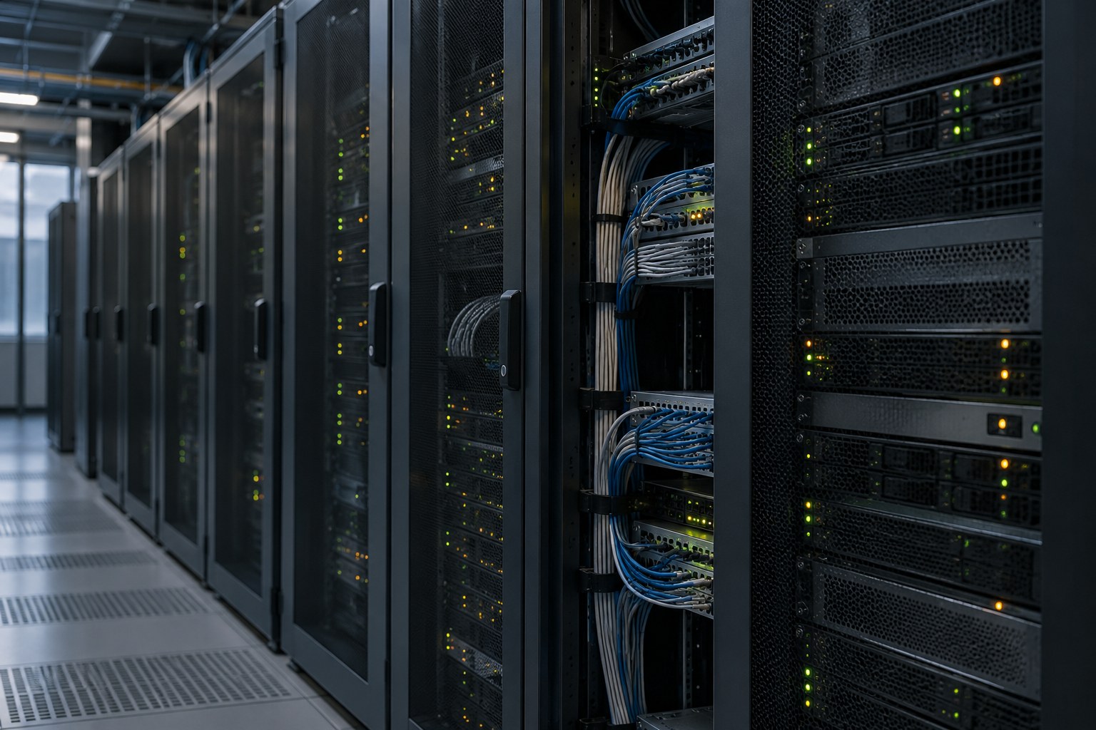 AI-generoitu kuva: Konesalin palvelinkaappirivi hämärässä valaistuksessa, kaappien palvelinten etupaneeleissa palaa pieniä merkkivaloja.