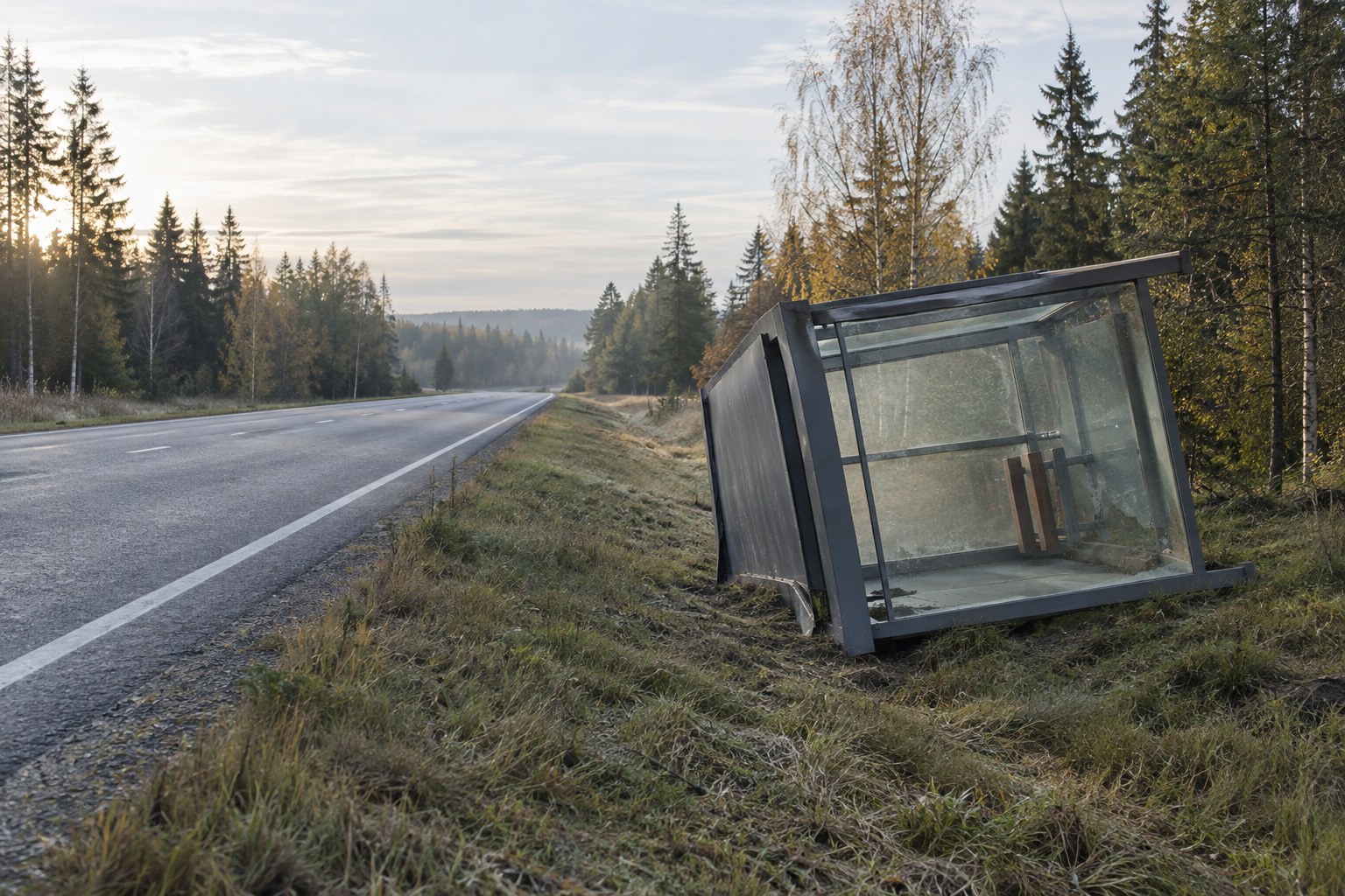 AI-generoitu kuva: Kaatunut tumma metalli- ja lasirakenteinen linja-autopysäkin katos makaa nurmikkoisella tienpientareella kaksikaistaisen asfalttitien vieressä.