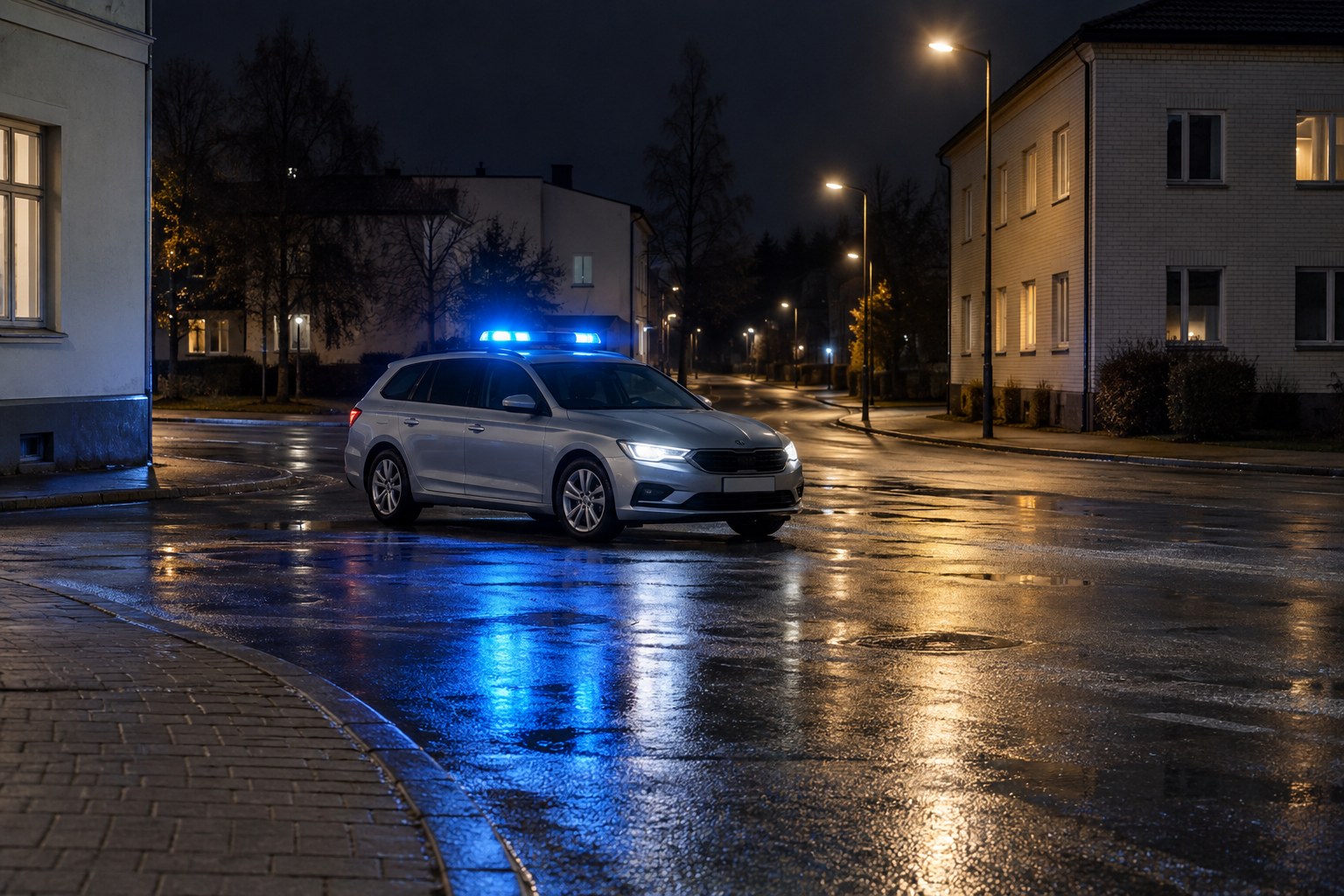 AI-generoitu kuva: Hopeinen poliisiauto sinisine hälytysvaloineen seisoo märällä asfalttitiellä yöllä, heijastaen valoja ja katuvalojen hehkua.
