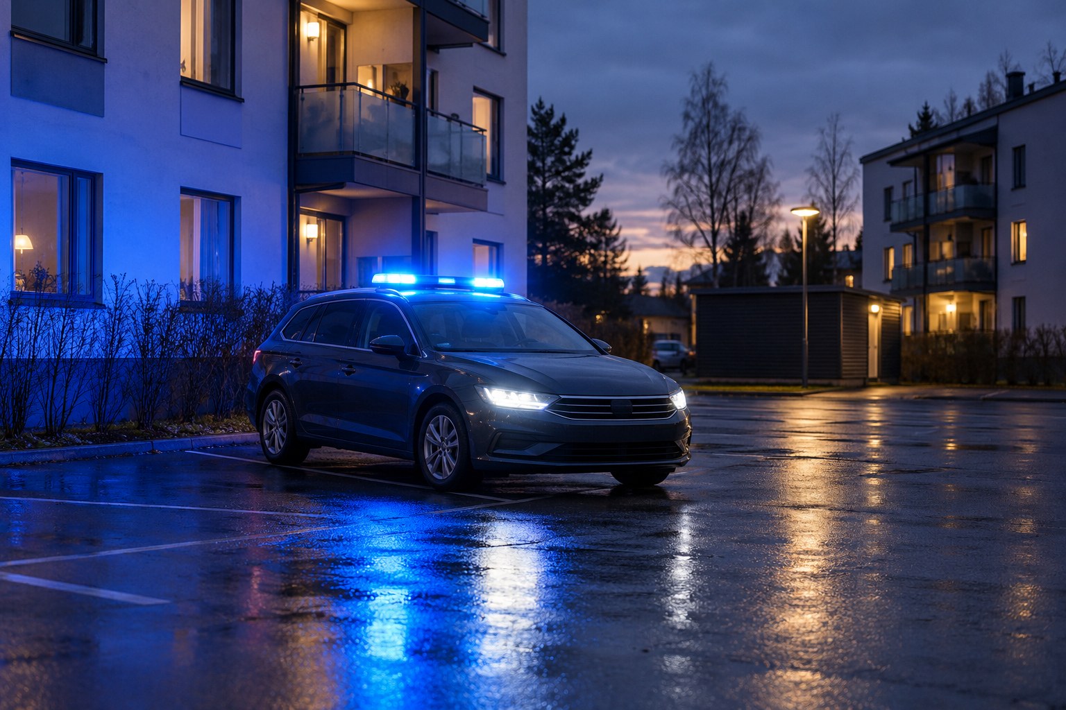 AI-generoitu kuva: Tumma poliisiauto sinisine hälytysvaloineen seisoo märällä asfalttipysäköintialueella iltahämärässä asuinrakennusten edessä.