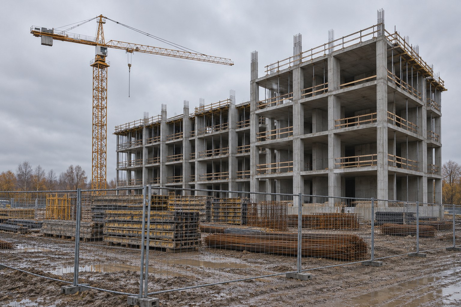AI-generoitu kuva: Keskeneräinen betonirunkoinen rakennus seisoo mutaisella työmaalla harmaan taivaan alla, vierellään keltainen torninosturi.