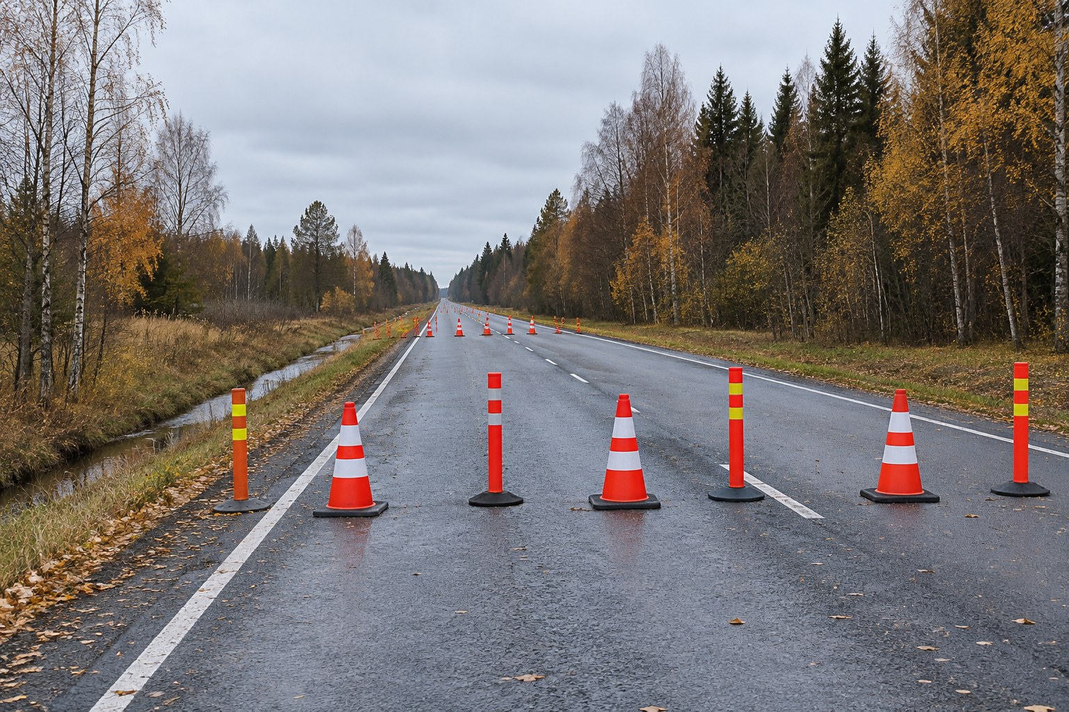 AI-generoitu kuva: Suora asfalttitie on suljettu liikenteeltä oransseilla ja valkoisilla liikennekartioilla sekä oransseilla liikenteenohjaustolpilla.