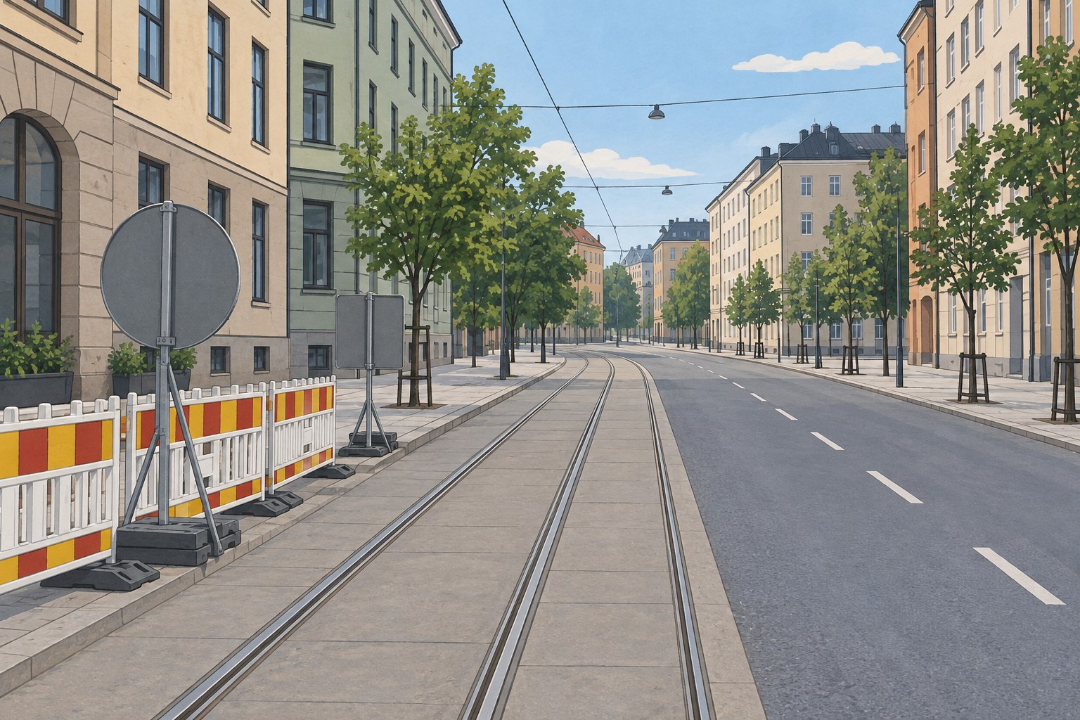 Kuvituskuva: Kuvituksessa näkyy kaupunkikatu raitiovaunukiskoineen, rakennuksia, puita ja väliaikaisia rakennusaitoja tyhjän liikennemerkin kanssa.