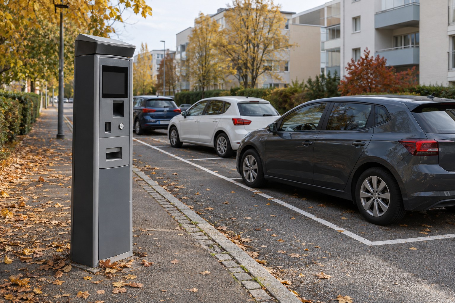 AI-generoitu kuva: Harmaa pysäköintiautomaatti jalkakäytävän reunalla, jonka vieressä on merkittyjä pysäköintiruutuja ja useita henkilöautoja.