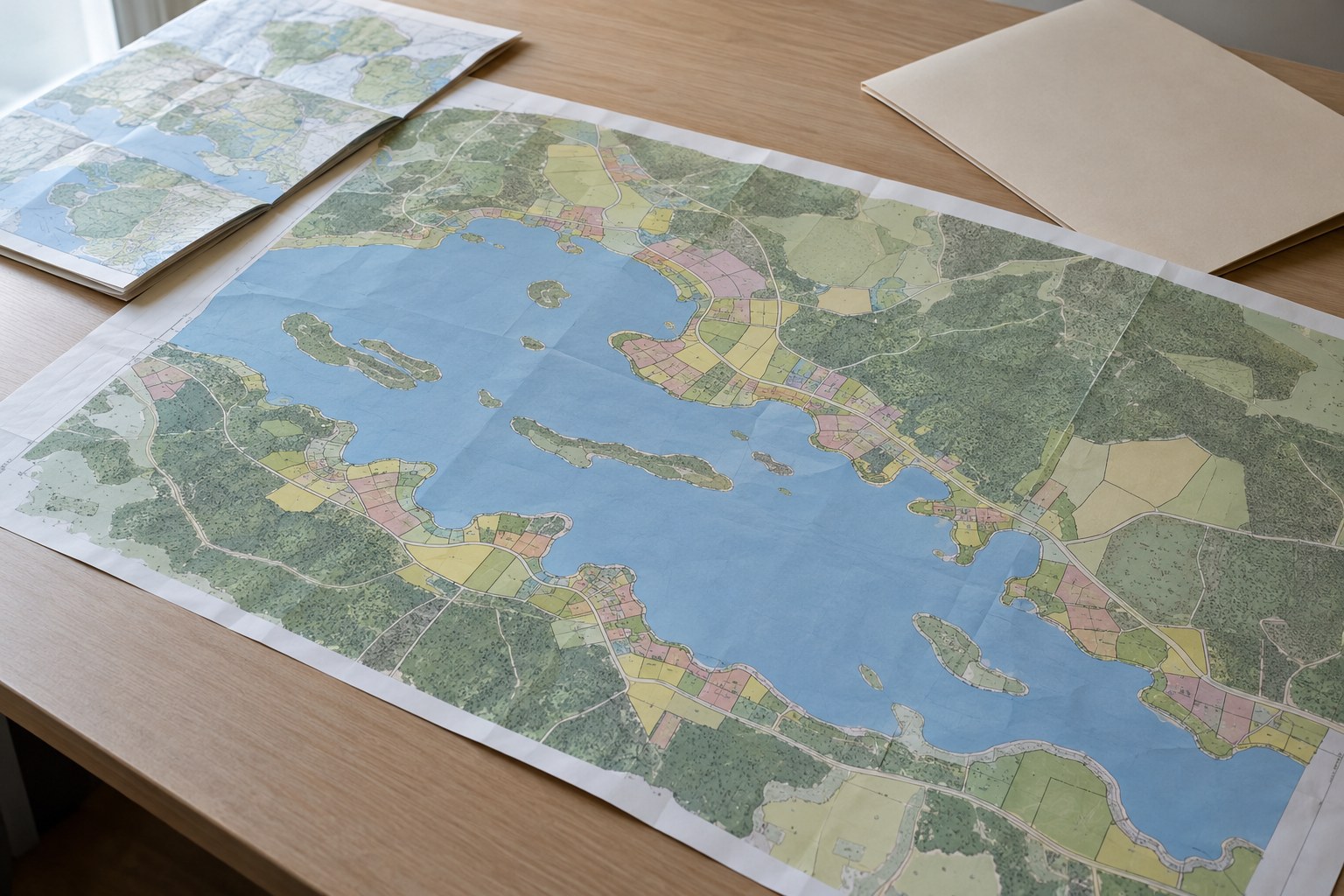 AI-generoitu kuva: Suuri painettu maankäytön kaavakartta on levitettynä puupöydälle, ja siinä näkyy järvi, metsää ja värillisiä aluevarauksia rantaviivoilla.