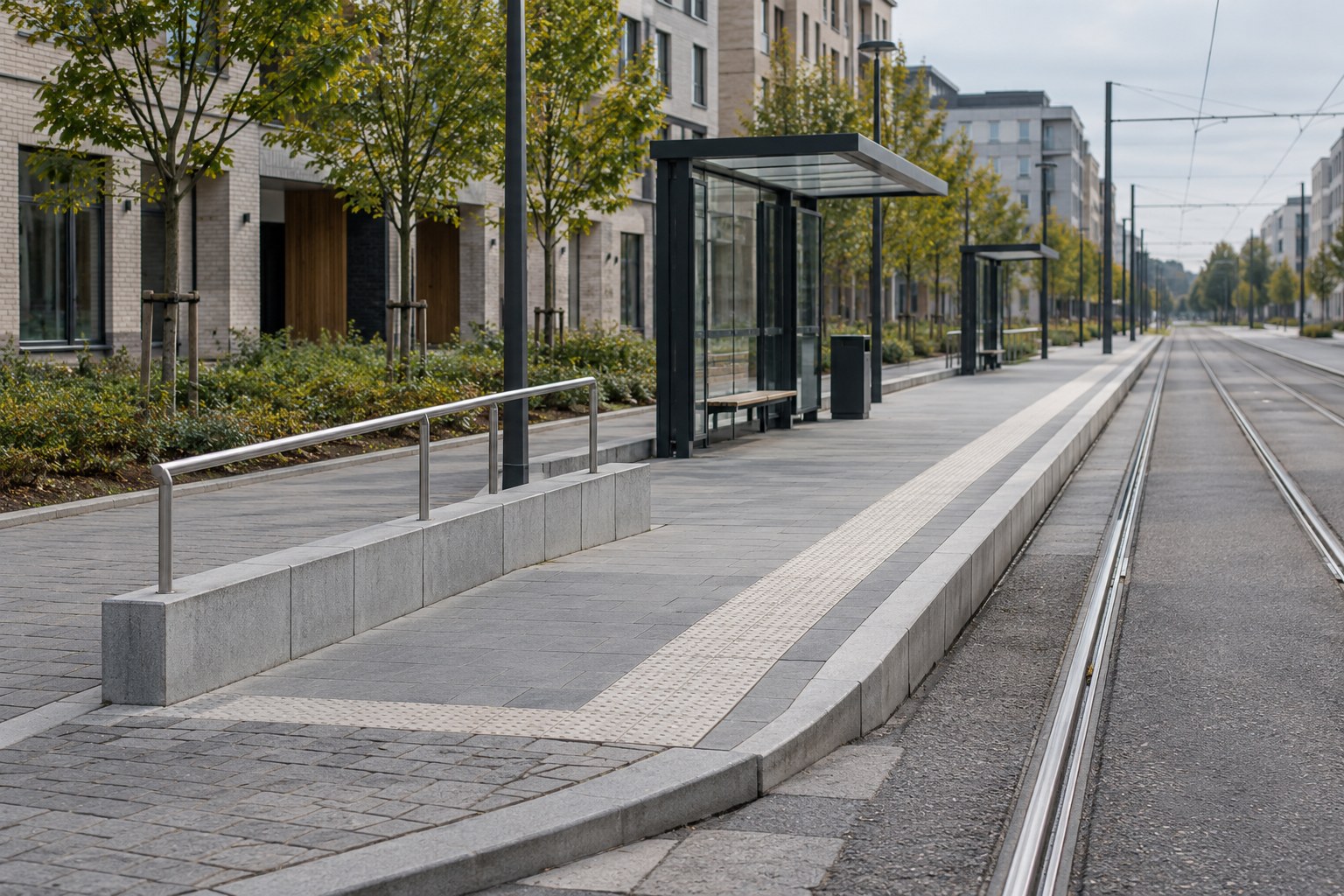 AI-generoitu kuva: Moderni raitiovaunupysäkki, jossa on pitkä korotettu laituri, katos, penkki ja roska-astia upotettujen kiskojen vieressä.