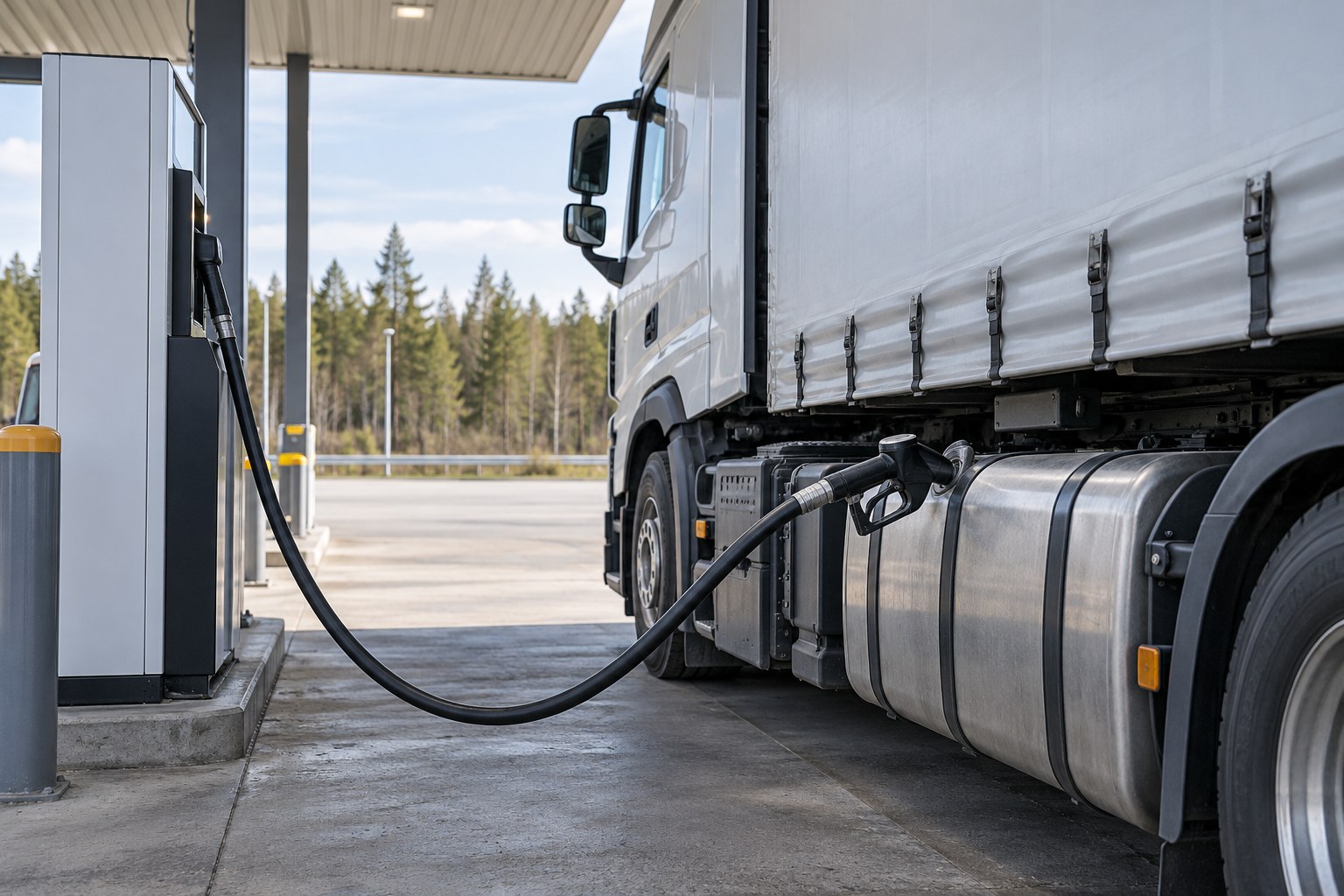 AI-generoitu kuva: Valkoinen raskas kuorma-auto tankkaa dieseliä huoltoasemalla, polttoainesuutin on työnnetty kuorma-auton polttoainesäiliöön.