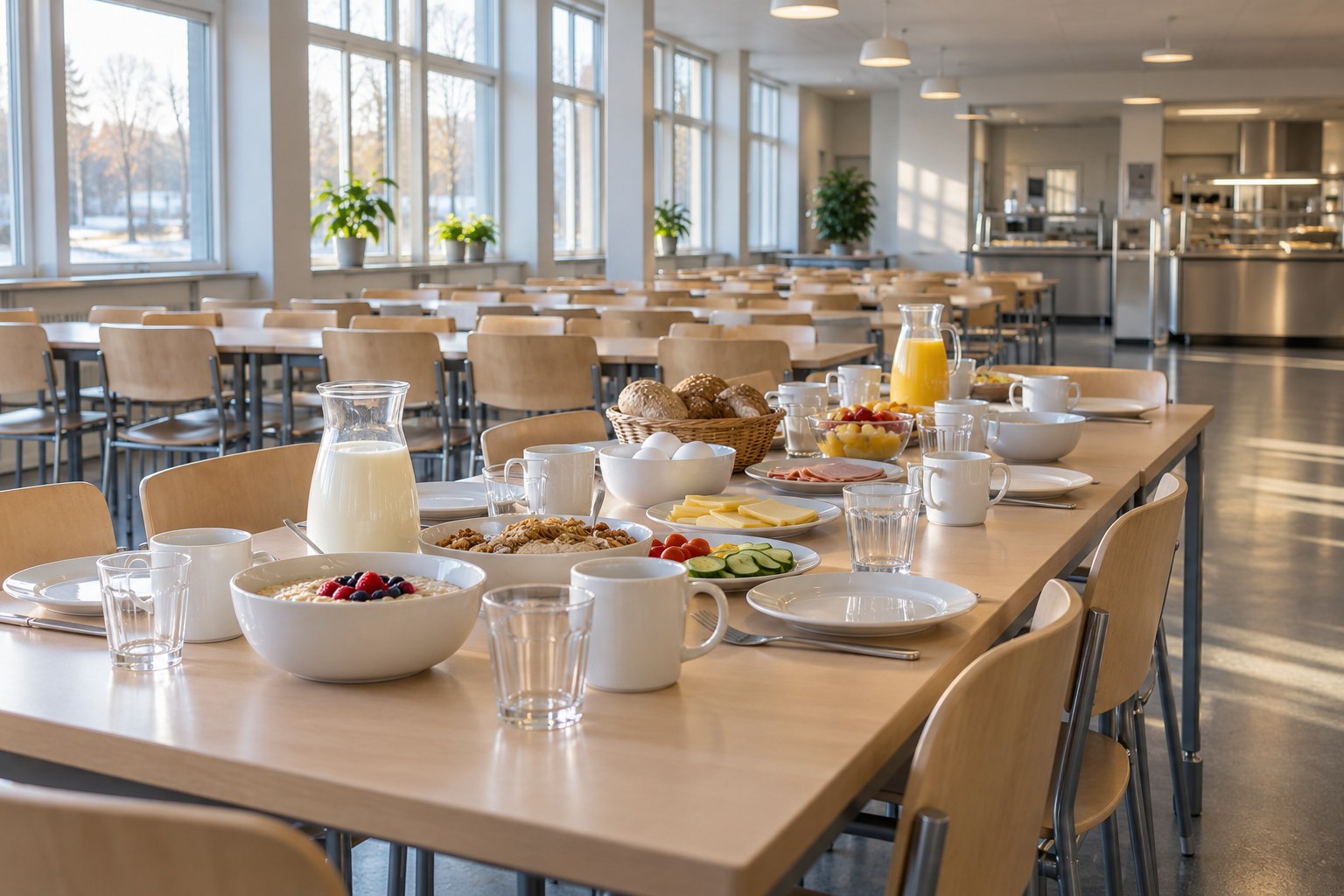AI-generoitu kuva: Koulun ruokasali aamulla, jossa pitkillä pöydillä on rivissä aamupala-astioita, lautasia, mukeja ja laseja, taustalla tuolirivit ja ikkunoista tuleva luonnonvalo.