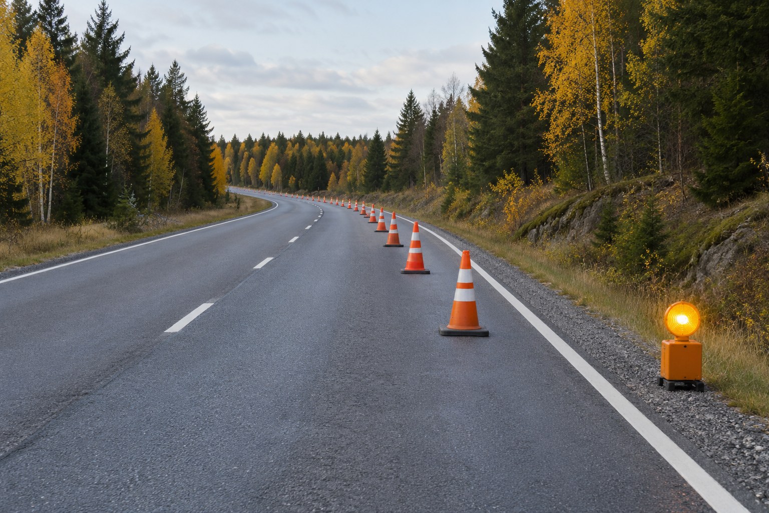 AI-generoitu kuva: Kaksikaistainen asfalttitie kaartuu syksyisen metsän läpi, ja toinen ajokaista on suljettu oransseilla liikennekartioilla.