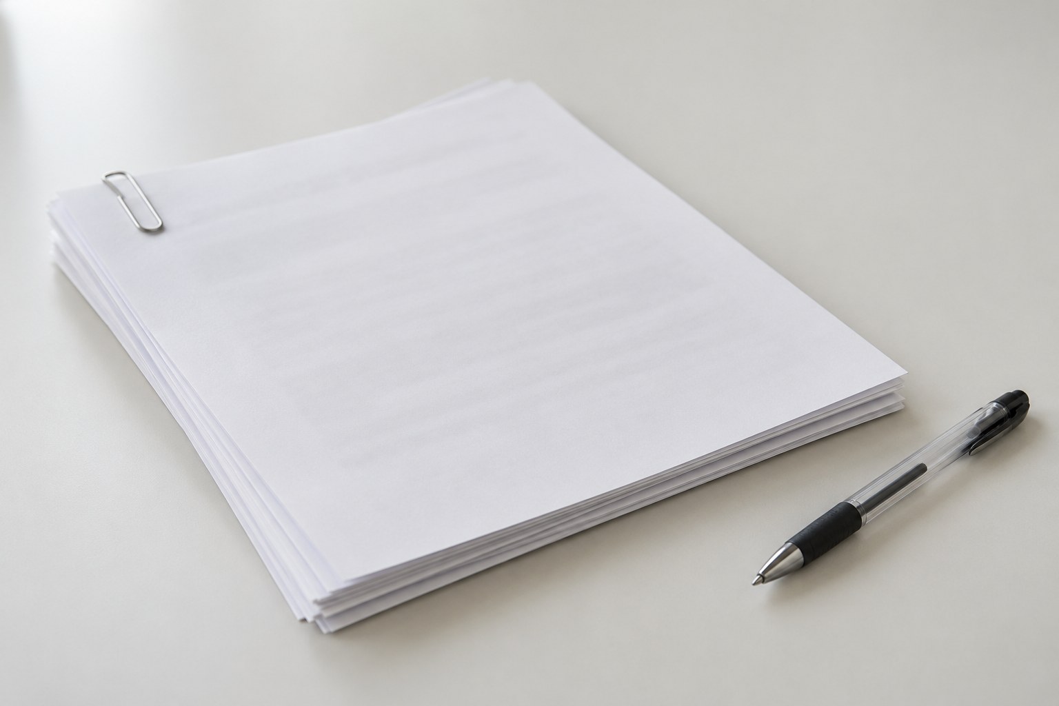 AI-generoitu kuva: Pöydällä on pino valkoisia papereita, joiden kulmassa on paperiliitin, ja vieressä musta kuulakärkikynä.