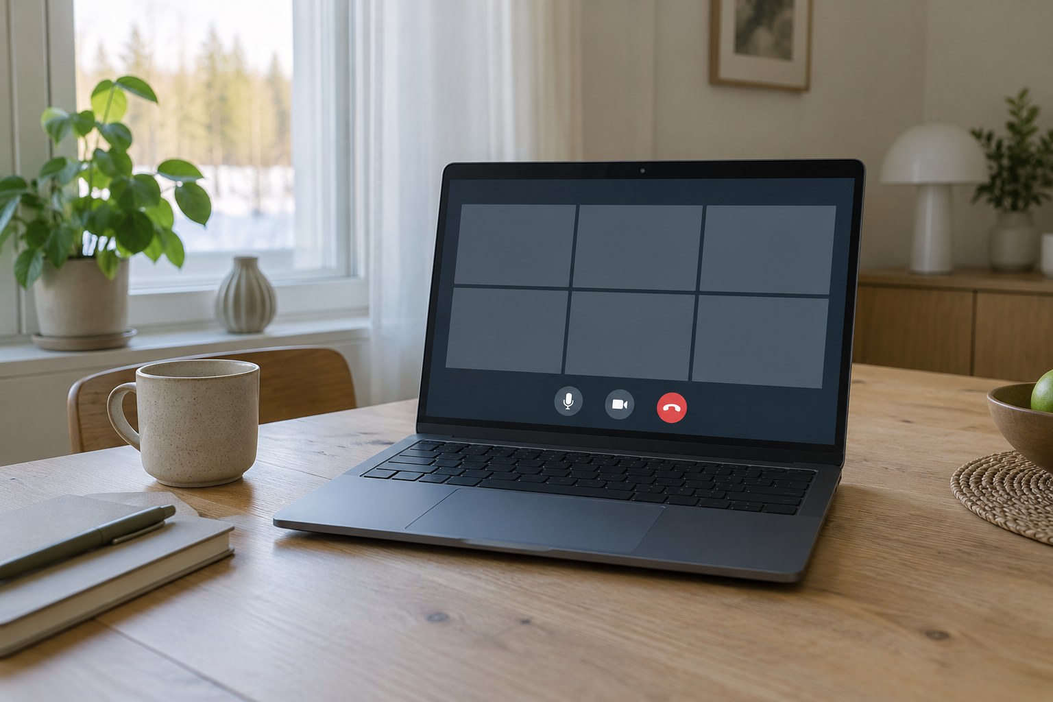AI-generoitu kuva: Avoin kannettava tietokone on puupöydällä, ja sen näytöllä näkyy videokokousnäkymä tyhjine osallistujaruutuineen.